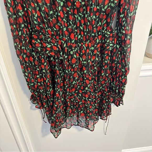 The Kooples Black Red Floral Silk Long Sleeve Mini Dress Small - Picture 5 of 10